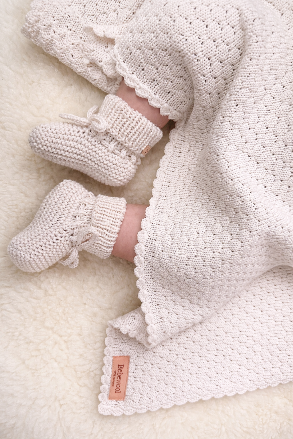 Gehaakte merino wollen babydeken beige 70/100cm - Afbeelding 4