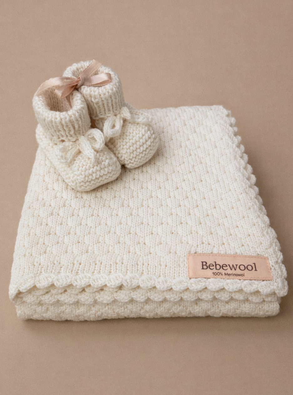 Gehaakte merino wollen babydeken beige 70/100cm - Afbeelding 3